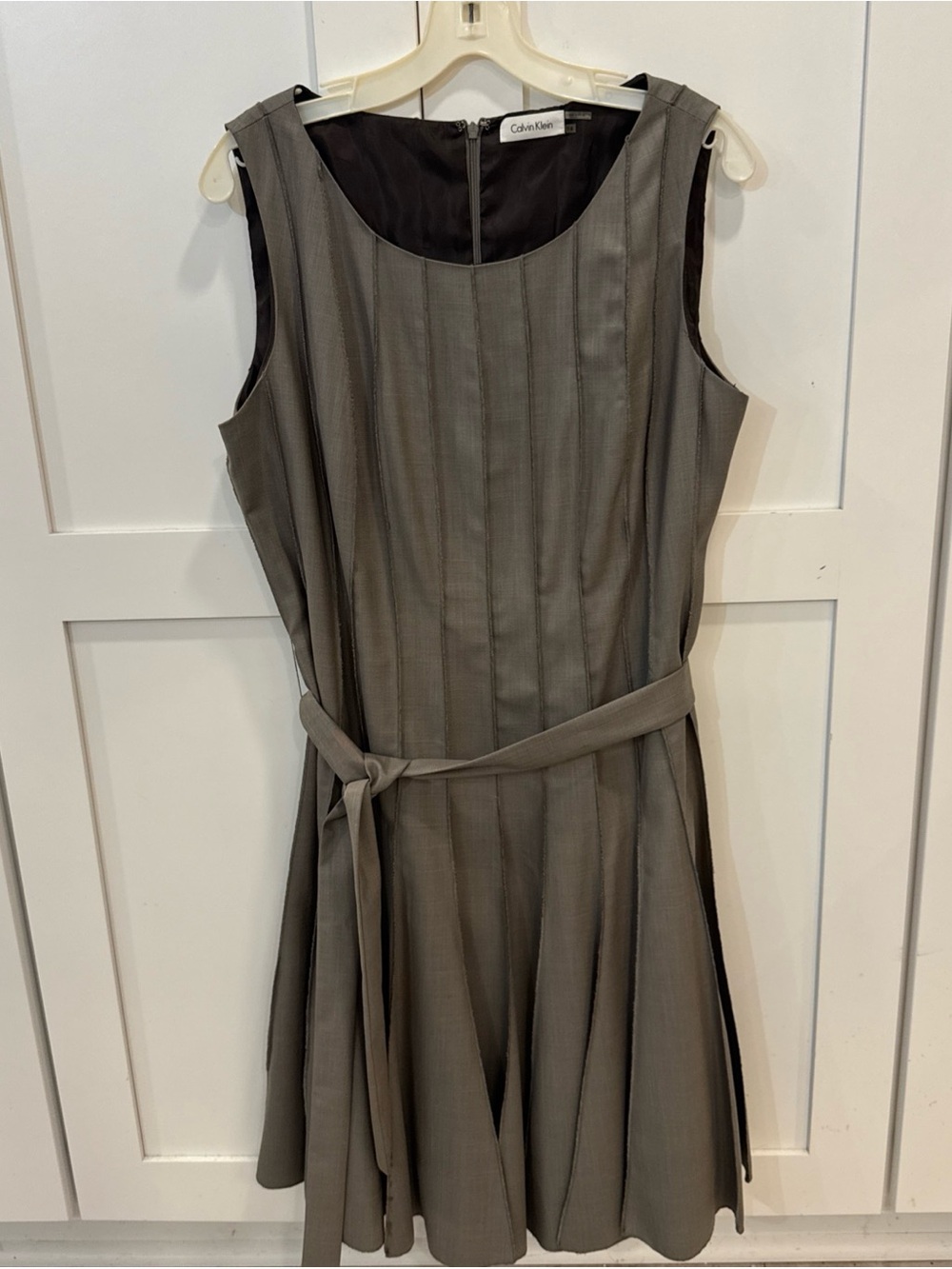 Calvin Klein Gray Sleeveless Belted Fit-and-Flare Dress pleated size 14